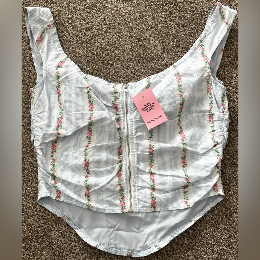 PrettyLittleThing Pastel Blue Stripe Ditsy Print Ruched Corset Top NEW - Picture 6 of 6
